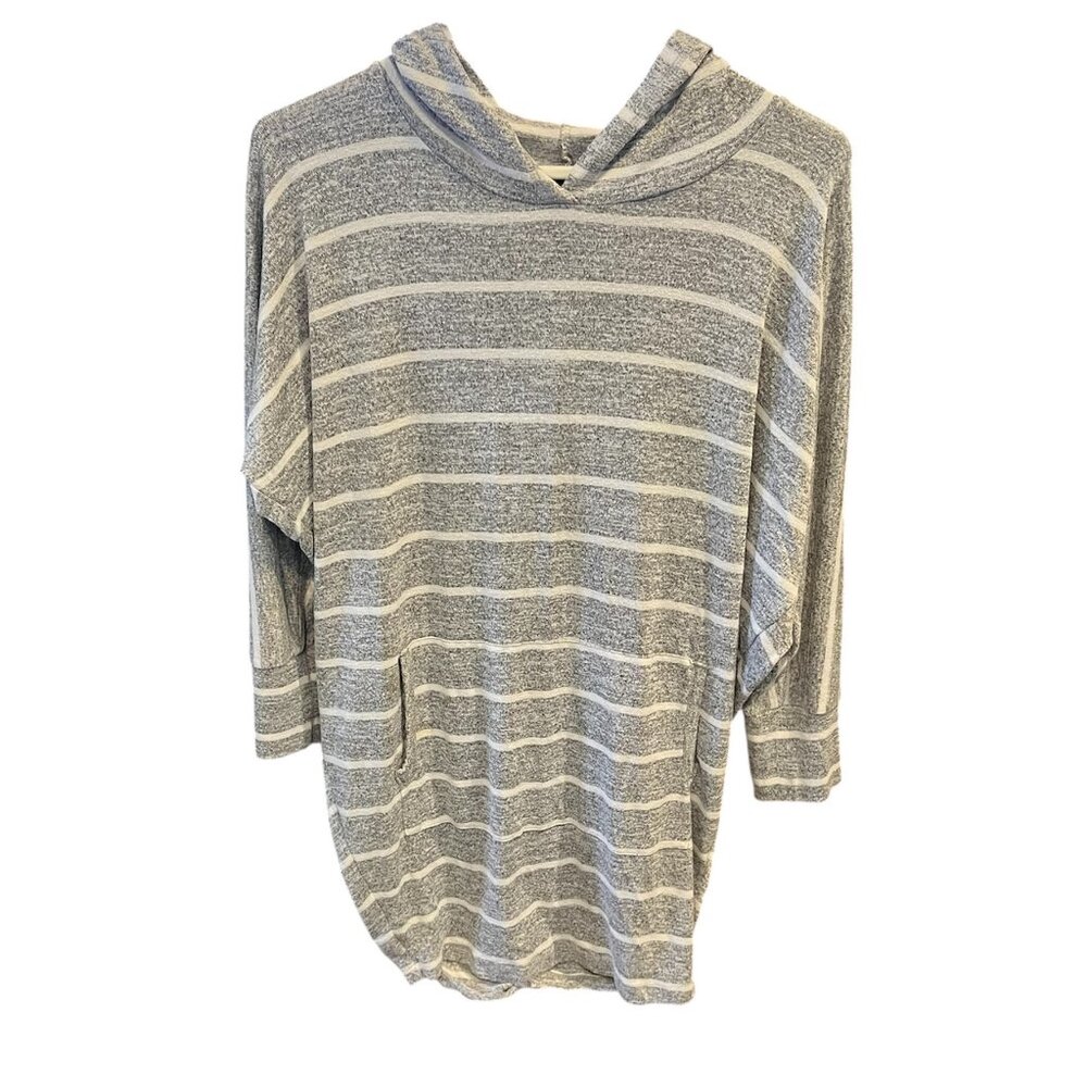 Long Gray Striped Hooded Top with Pockets